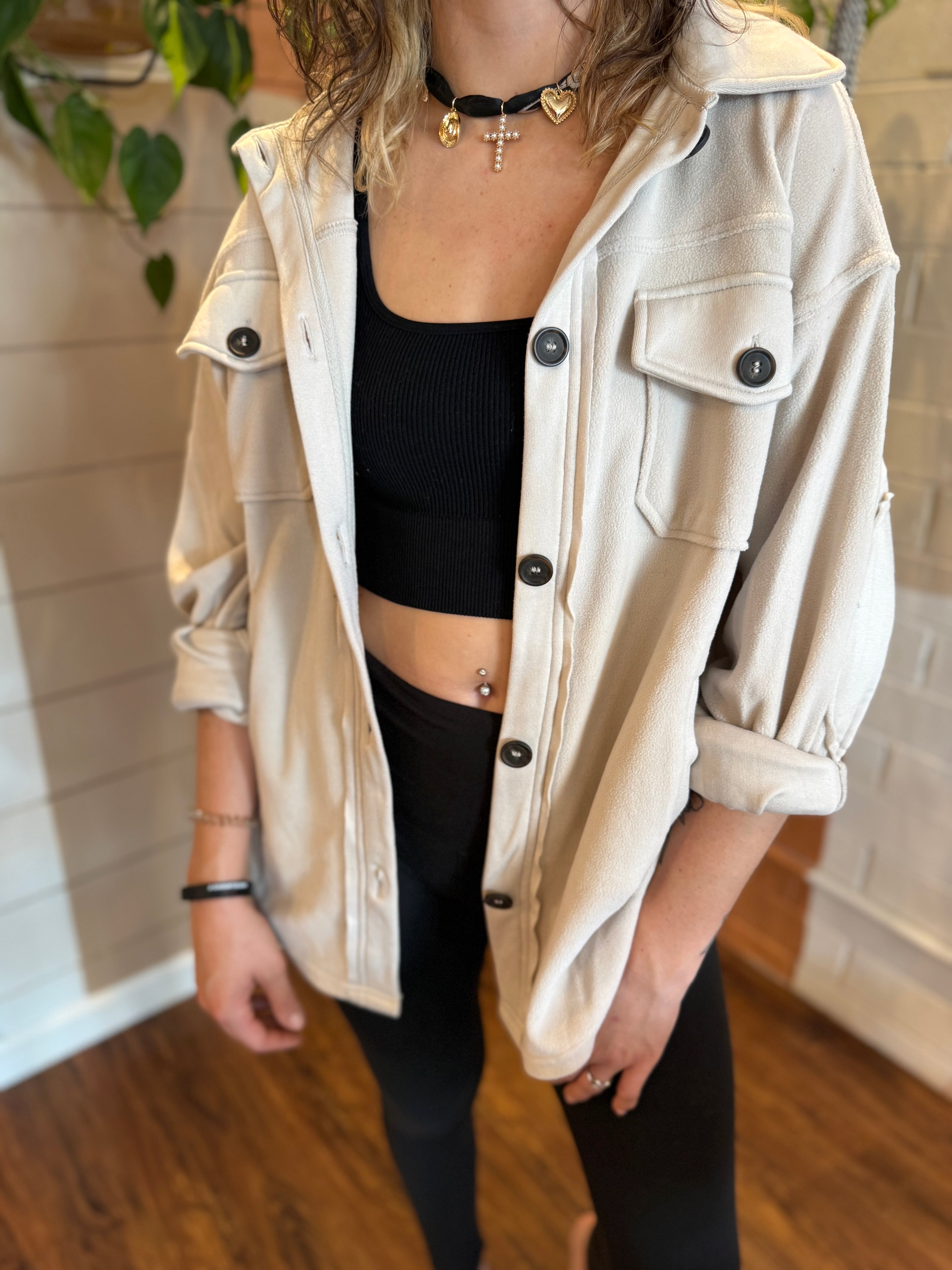 Button Down Fleece Shacket - Beige