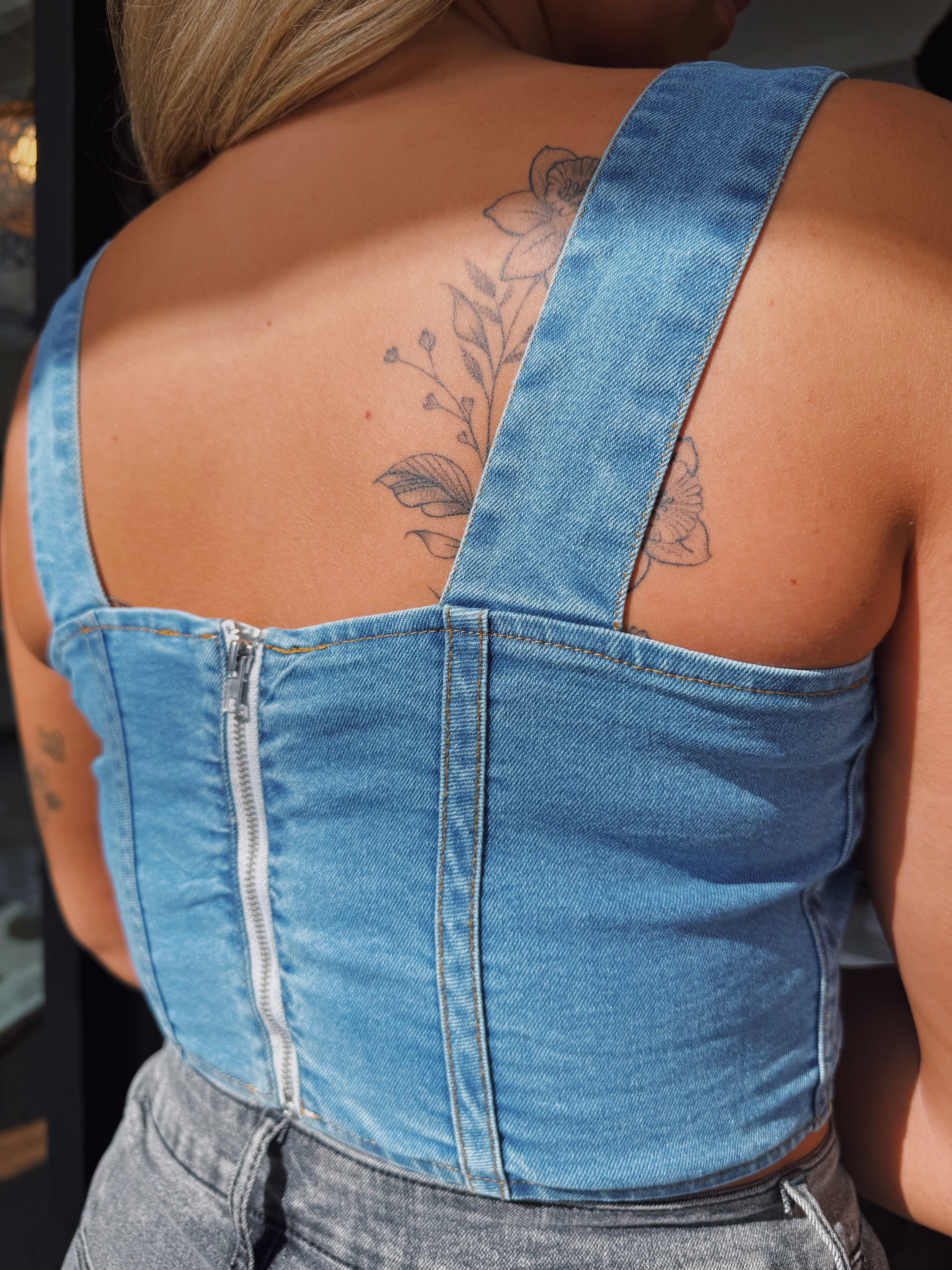 Dark Washed Denim Sleeveless Bustier Top
