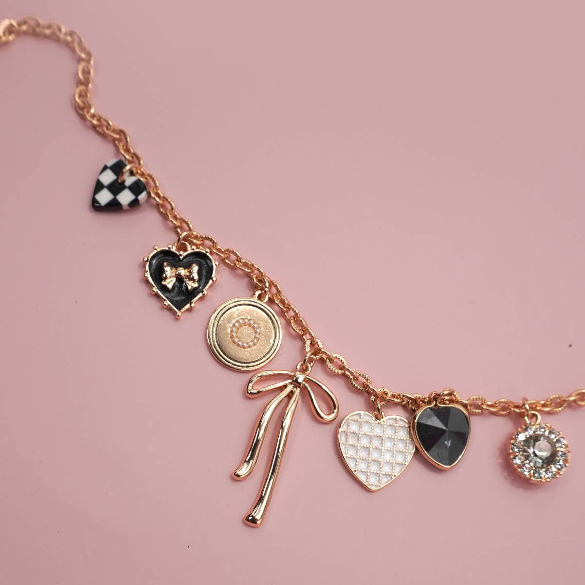 Rhinestone Bow Checker Heart Charm Necklace