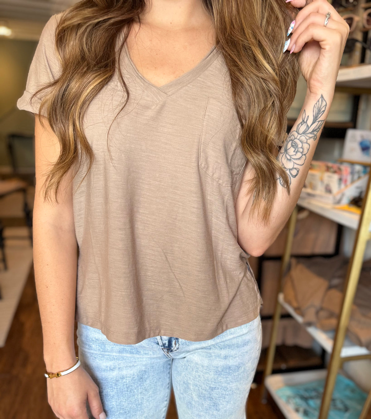 Rolled Short Sleeve V-neck Tee -Ash Mocha