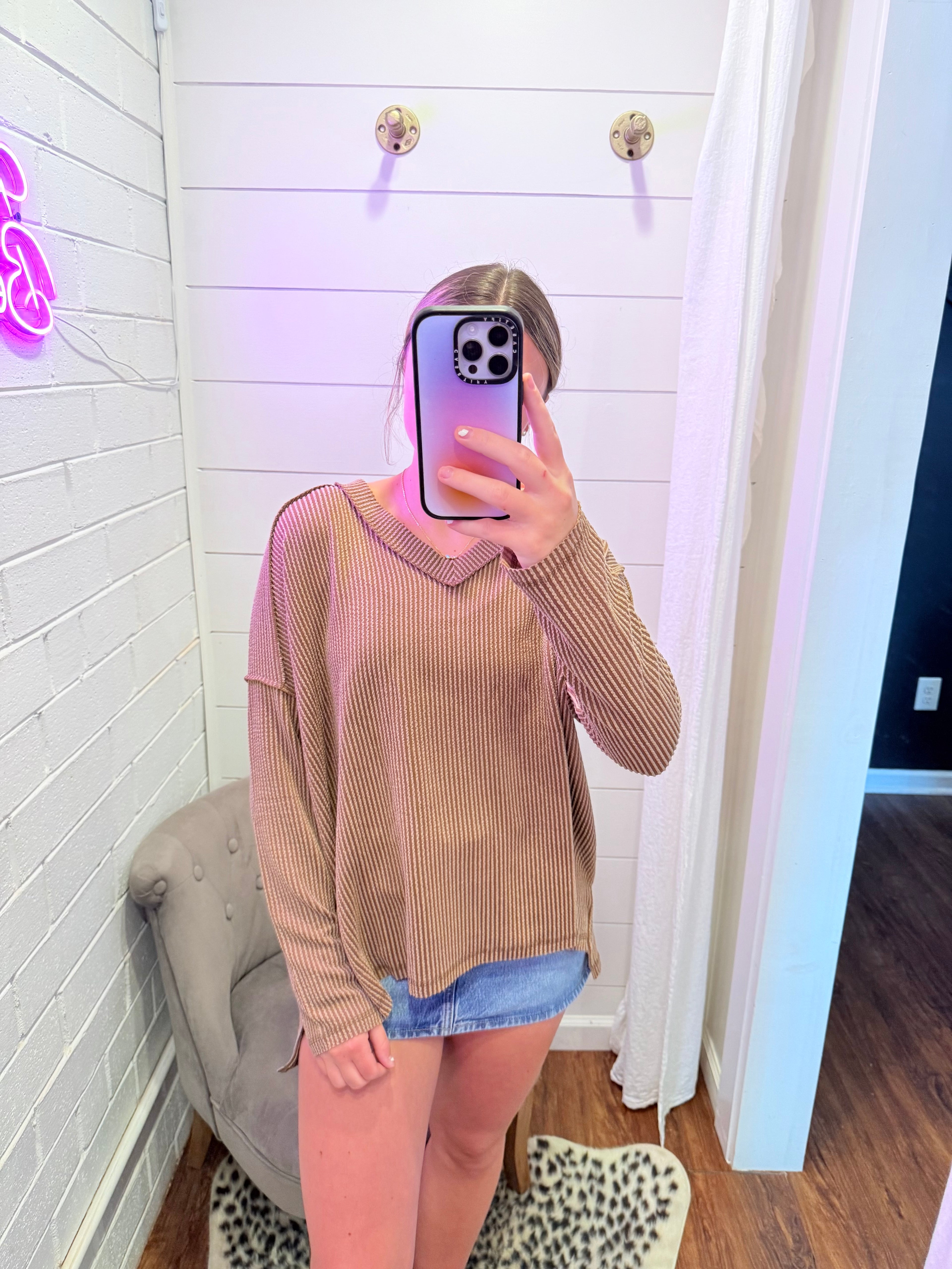 Brown Corded Rib Long Sleeve Top