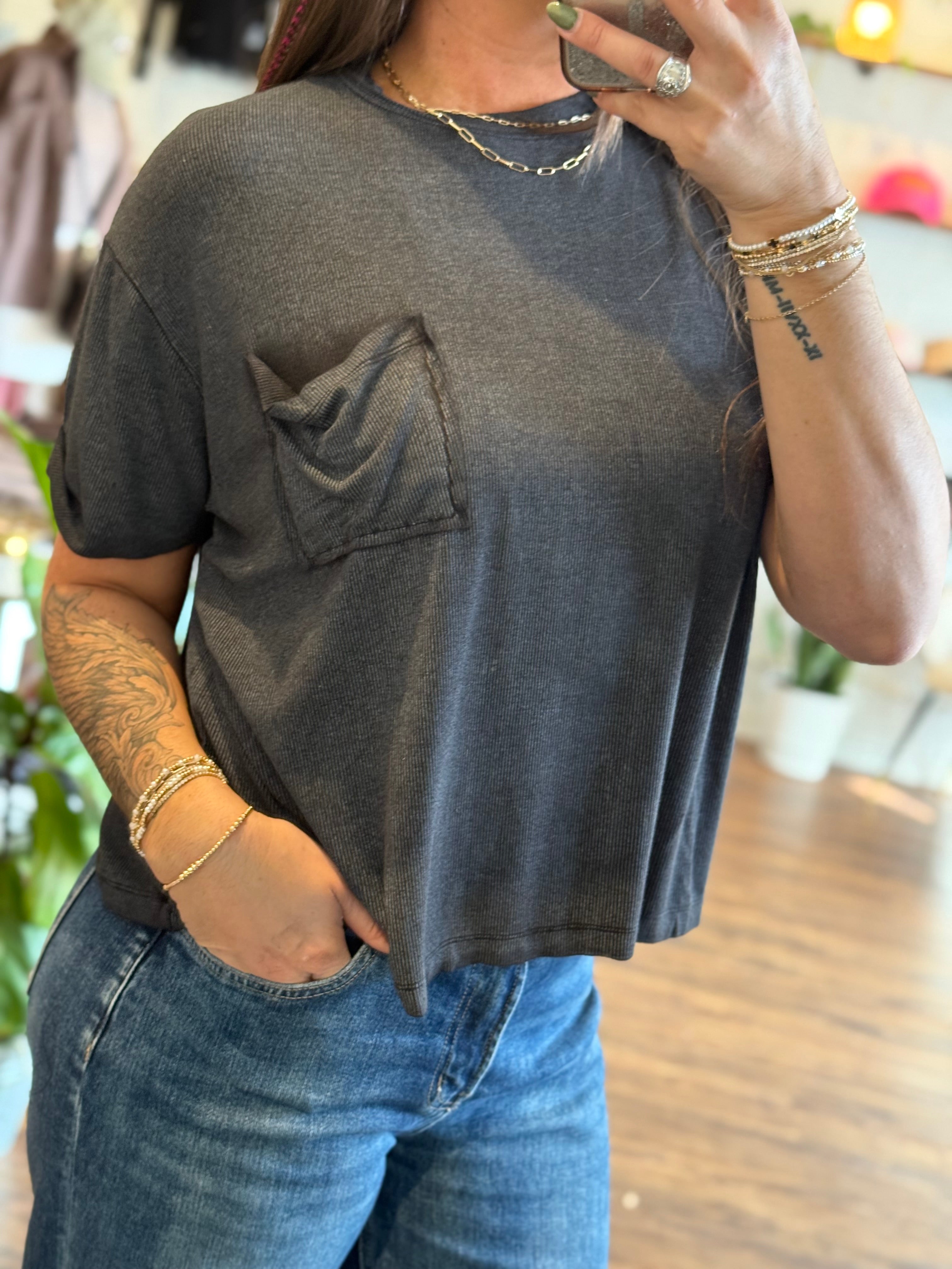 Washed Ribbed Pocket Slouch Tee - Ash Black