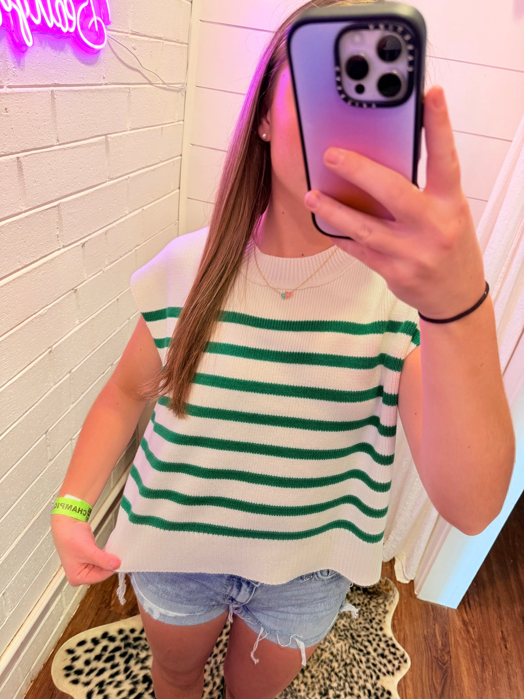 Kelly Green Oversized Crew Neck Stripe Sweater Vest