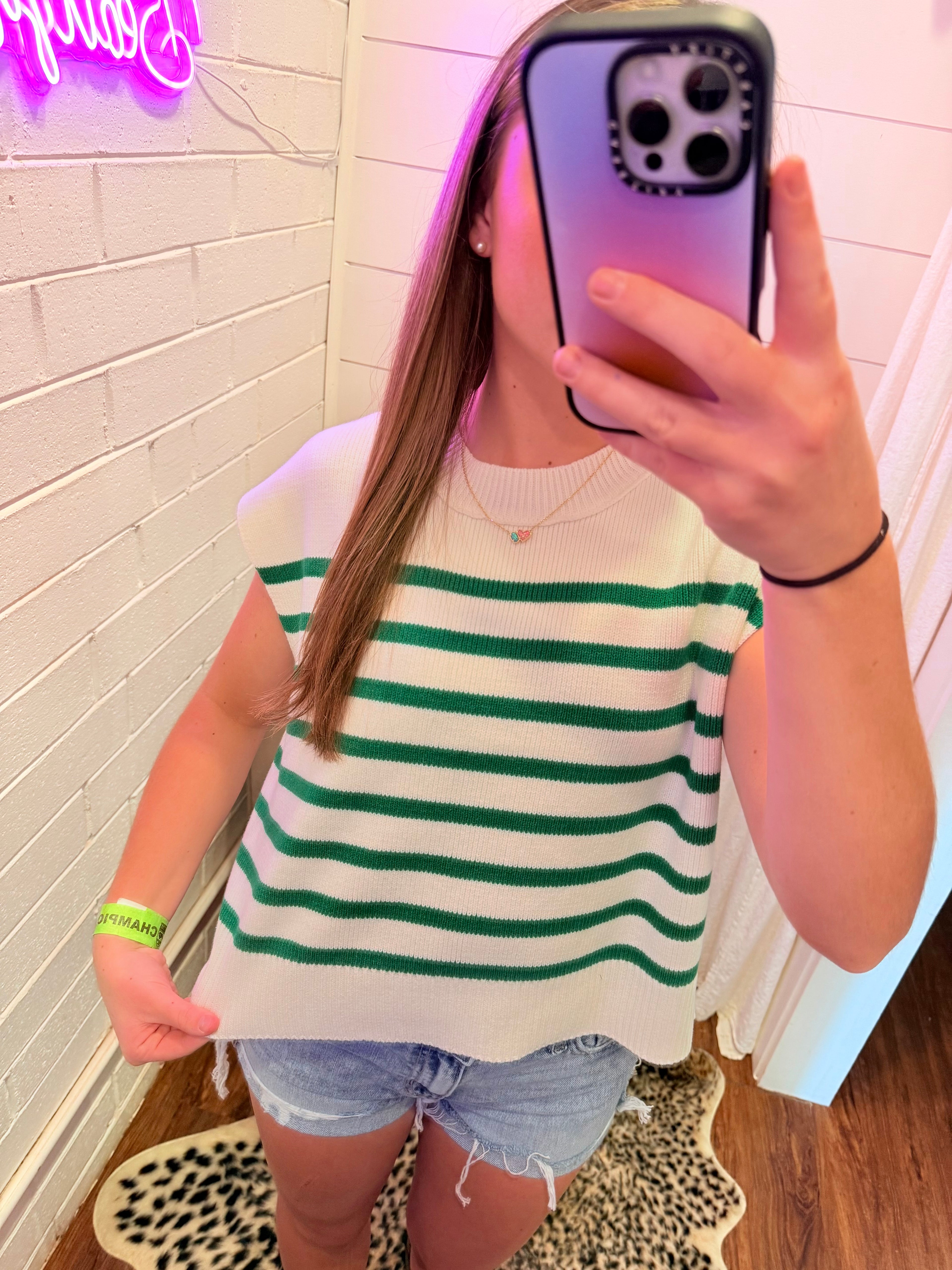 Kelly Green Oversized Crew Neck Stripe Sweater Vest