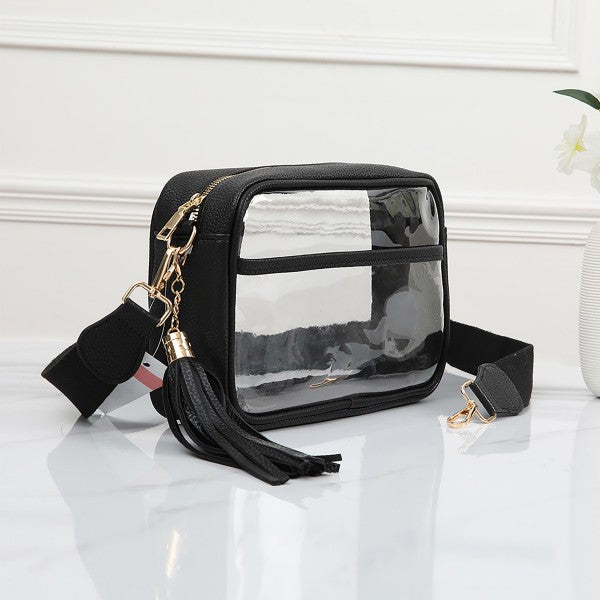 Clear PU Cross Body Bag With Leather Walls and Trim Featuring Detachable Leather Tassel