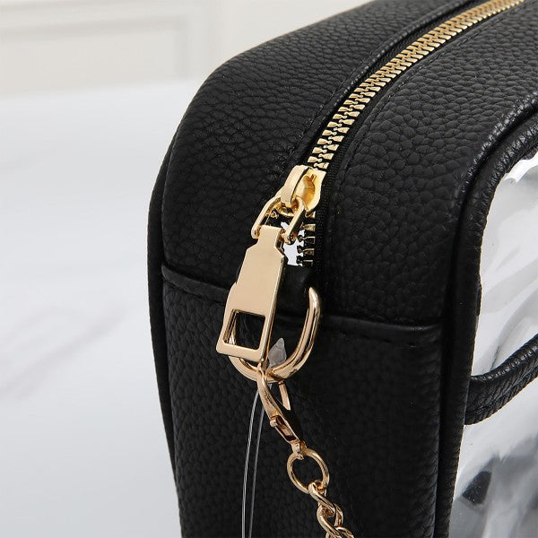 Clear PU Cross Body Bag With Leather Walls and Trim Featuring Detachable Leather Tassel