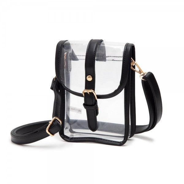Clear Cross Body Bag With Leather Trim Featuring Snap Latch Buckle Closure - Black