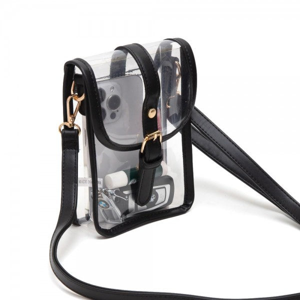 Clear Cross Body Bag With Leather Trim Featuring Snap Latch Buckle Closure - Black