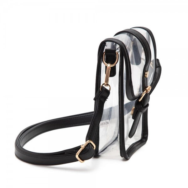 Clear Cross Body Bag With Leather Trim Featuring Snap Latch Buckle Closure - Black