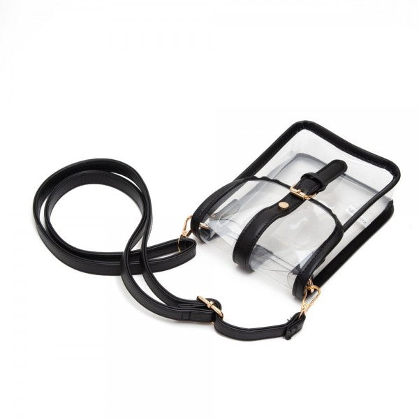 Clear Cross Body Bag With Leather Trim Featuring Snap Latch Buckle Closure - Black