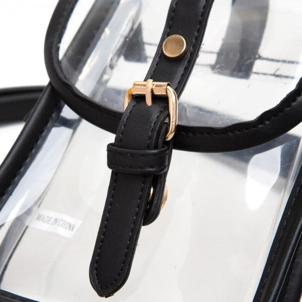 Clear Cross Body Bag With Leather Trim Featuring Snap Latch Buckle Closure - Black