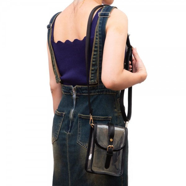 Clear Cross Body Bag With Leather Trim Featuring Snap Latch Buckle Closure - Black