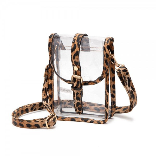 Clear Cross Body Bag With Leather Trim Featuring Snap Latch Buckle Closure - Leopard