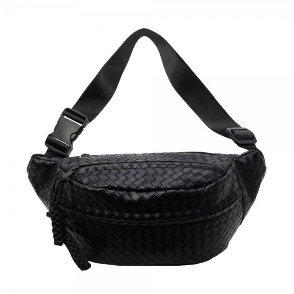 Woven Vegan Leather Cross Body Bag With Adjustable Buckle Strap