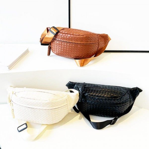 Woven Vegan Leather Cross Body Bag With Adjustable Buckle Strap