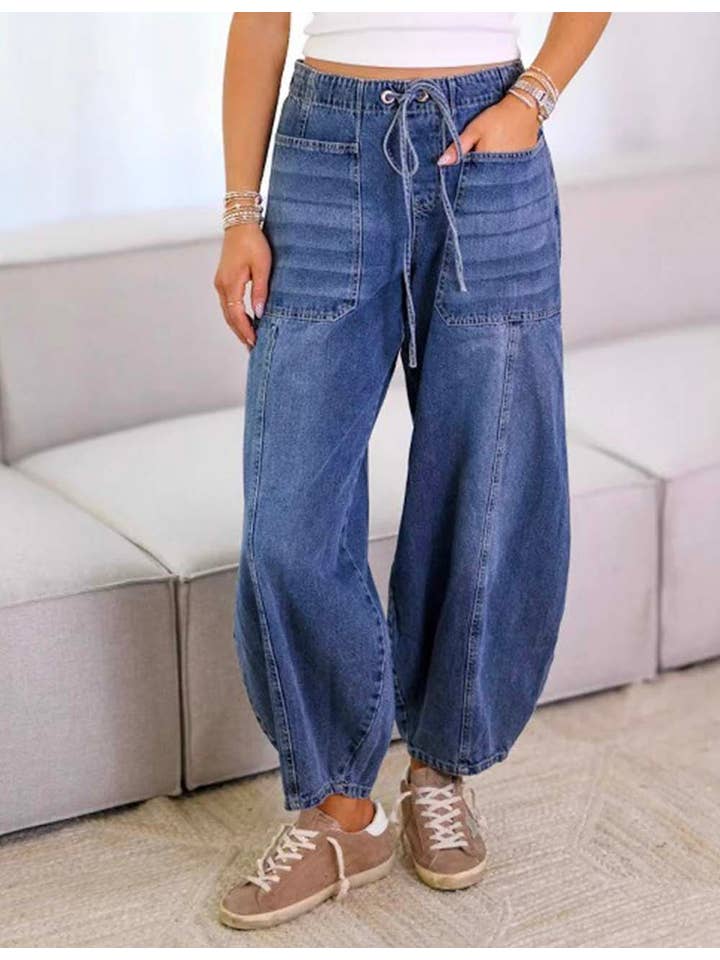 Elastic Waist String Tie Pocket Denim Pants - Dark Blue