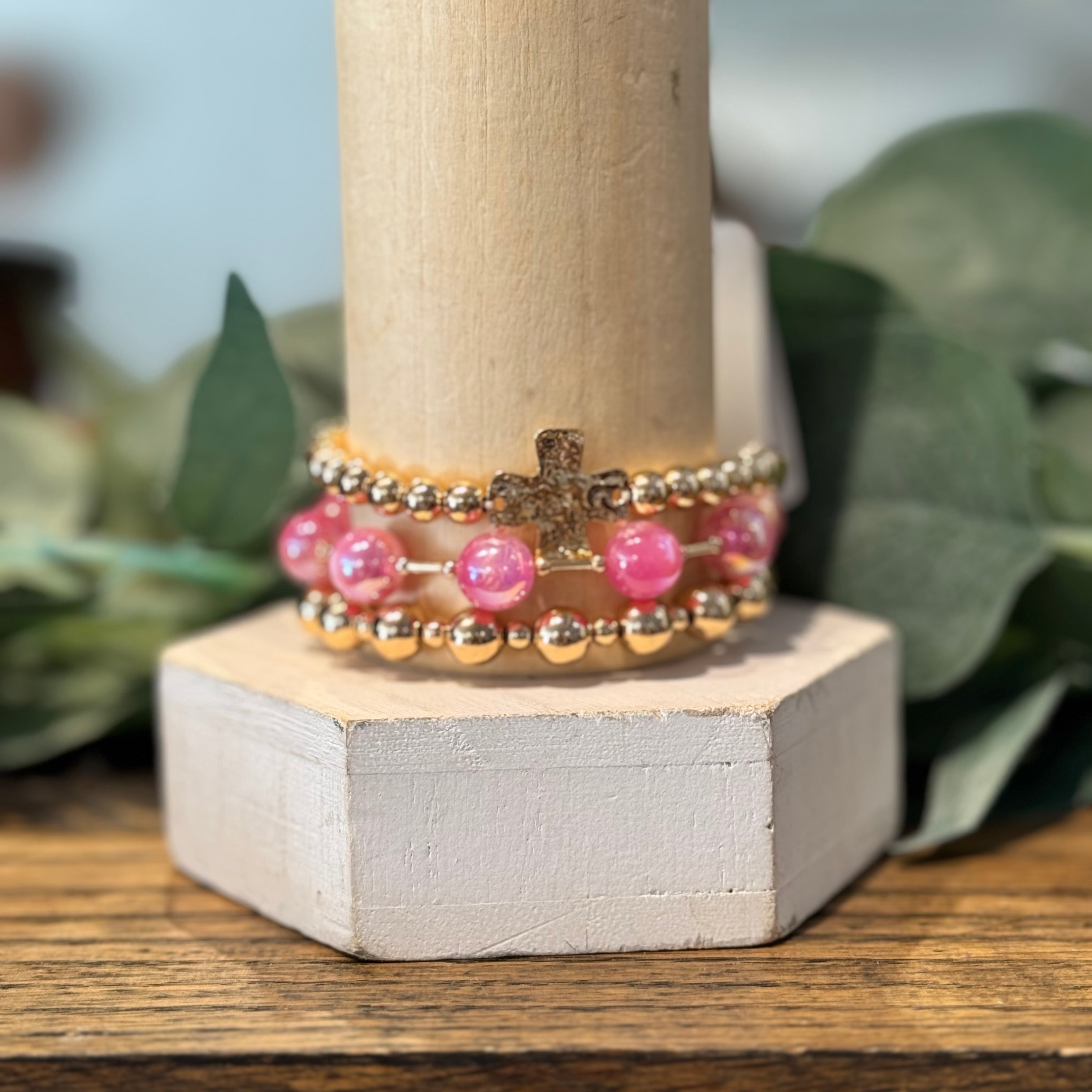 Gold & Pink Beaded Bracelets with Cross