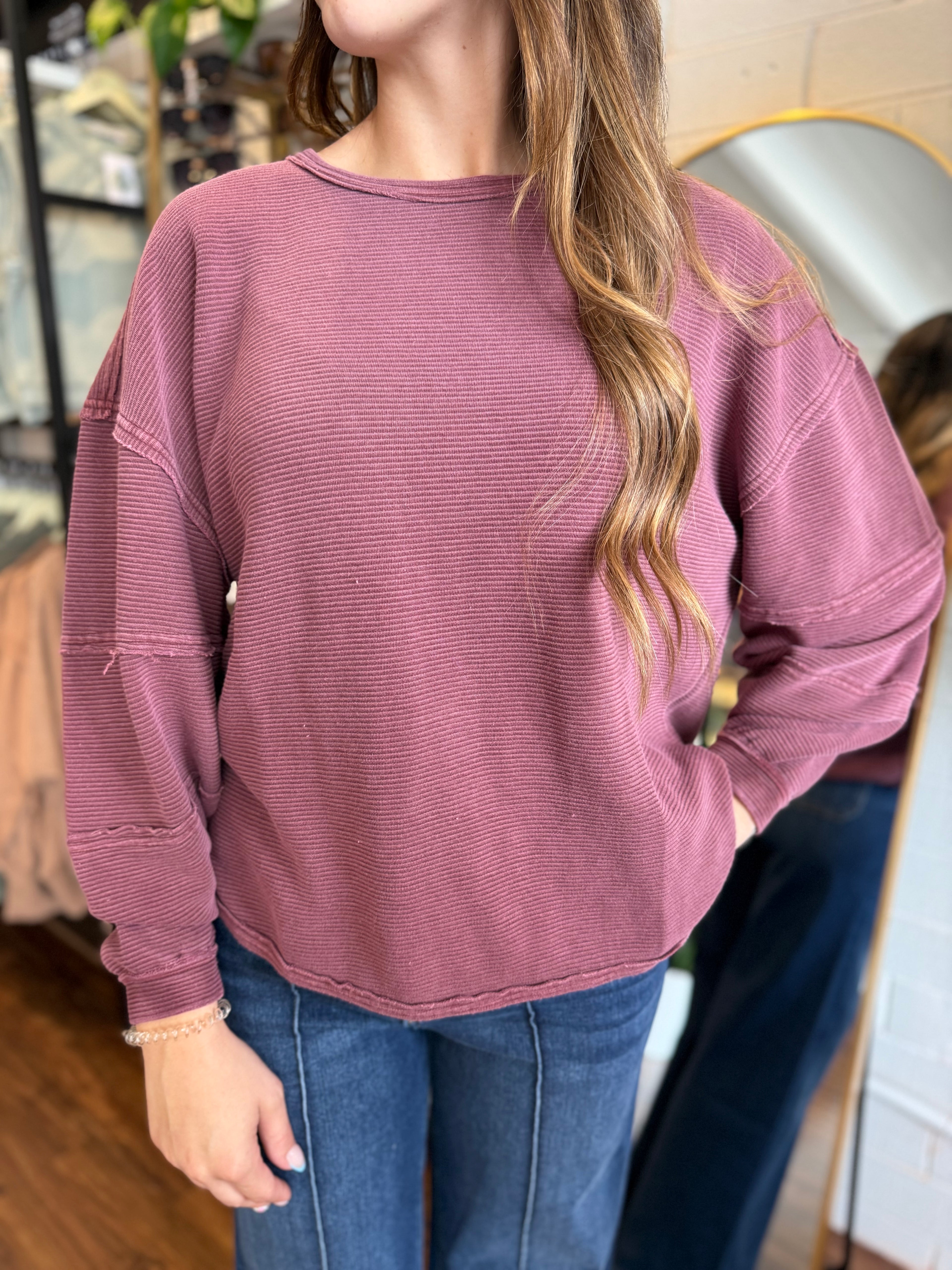 Exposed Seam Detail Long Sleeve Knit Top - Maroon
