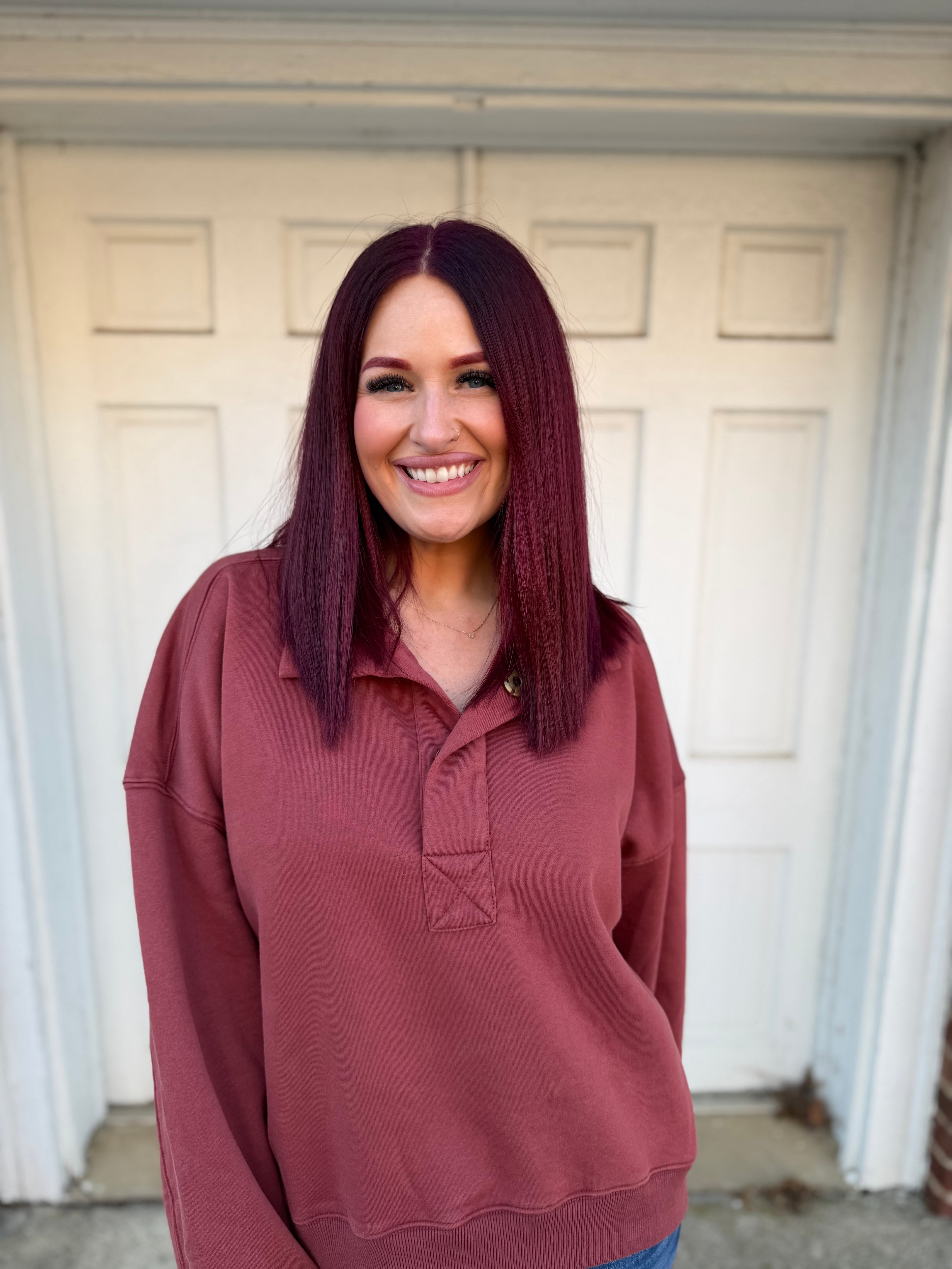 Oversized Snap Neck Pullover Sweatshirt - Mulberry