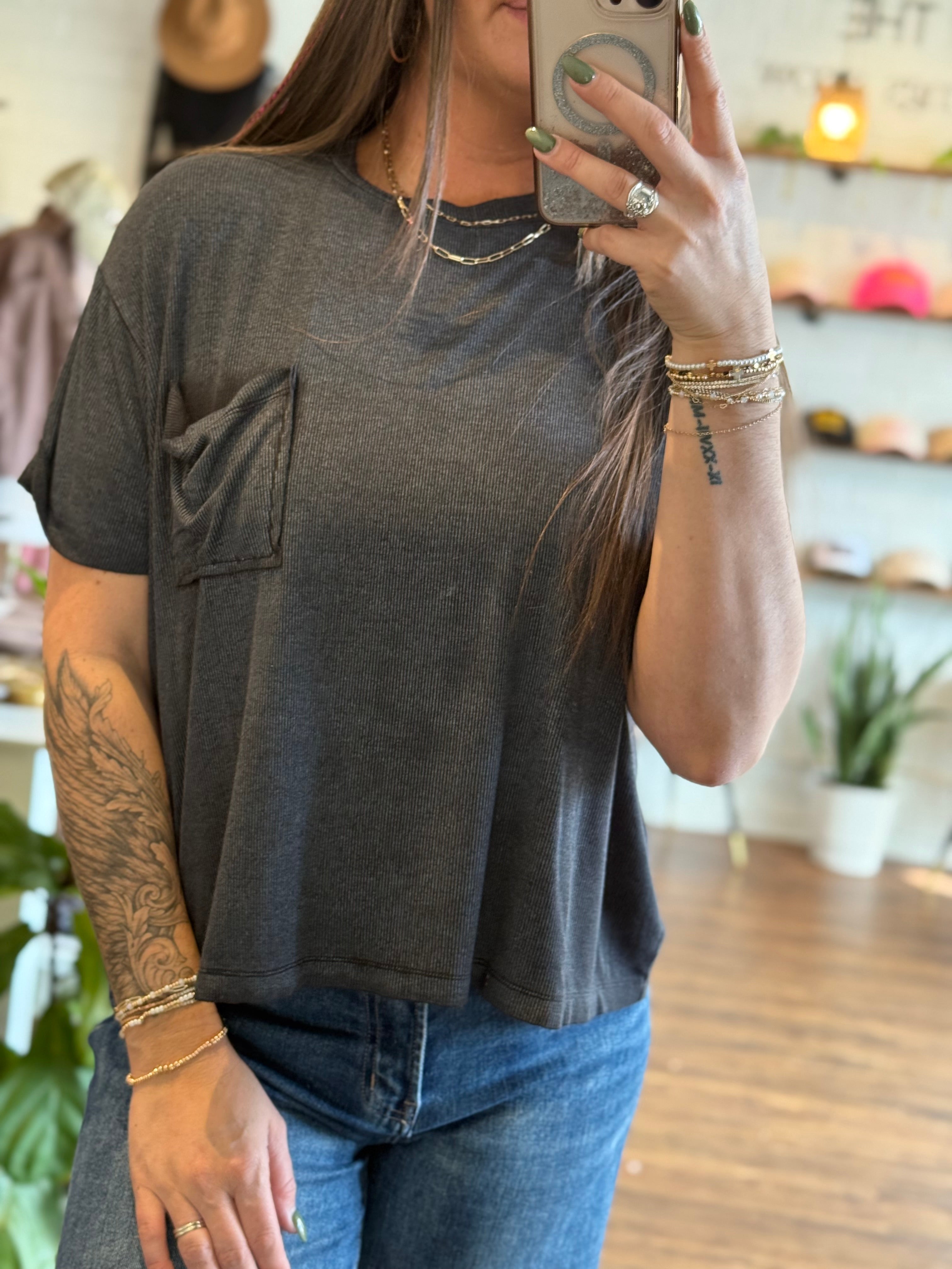 Washed Ribbed Pocket Slouch Tee - Ash Black