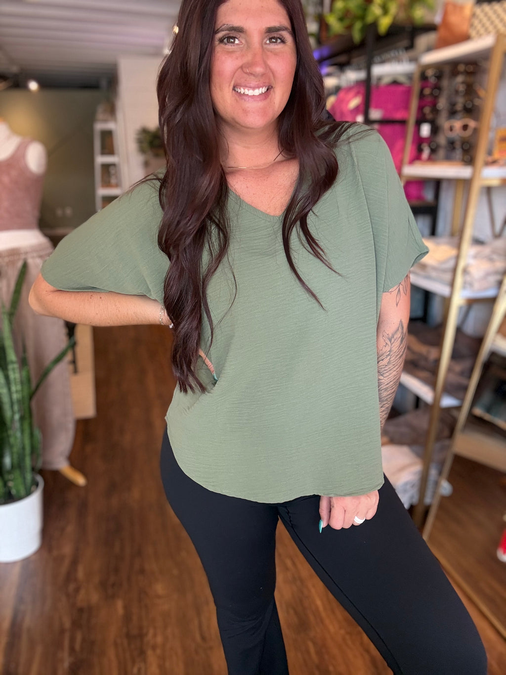 Woven Airflow V-neck Short Sleeve Top - Light Olive