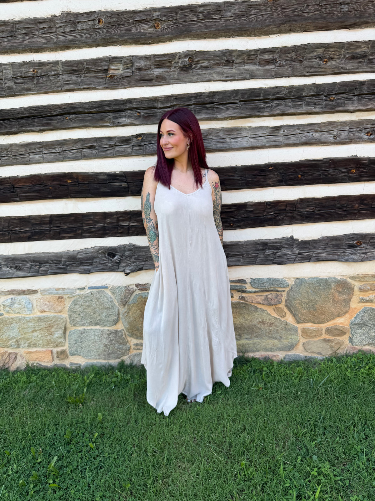 Woven Crinkle Cami Maxi Dress W Side Pockets - Sandy Beige