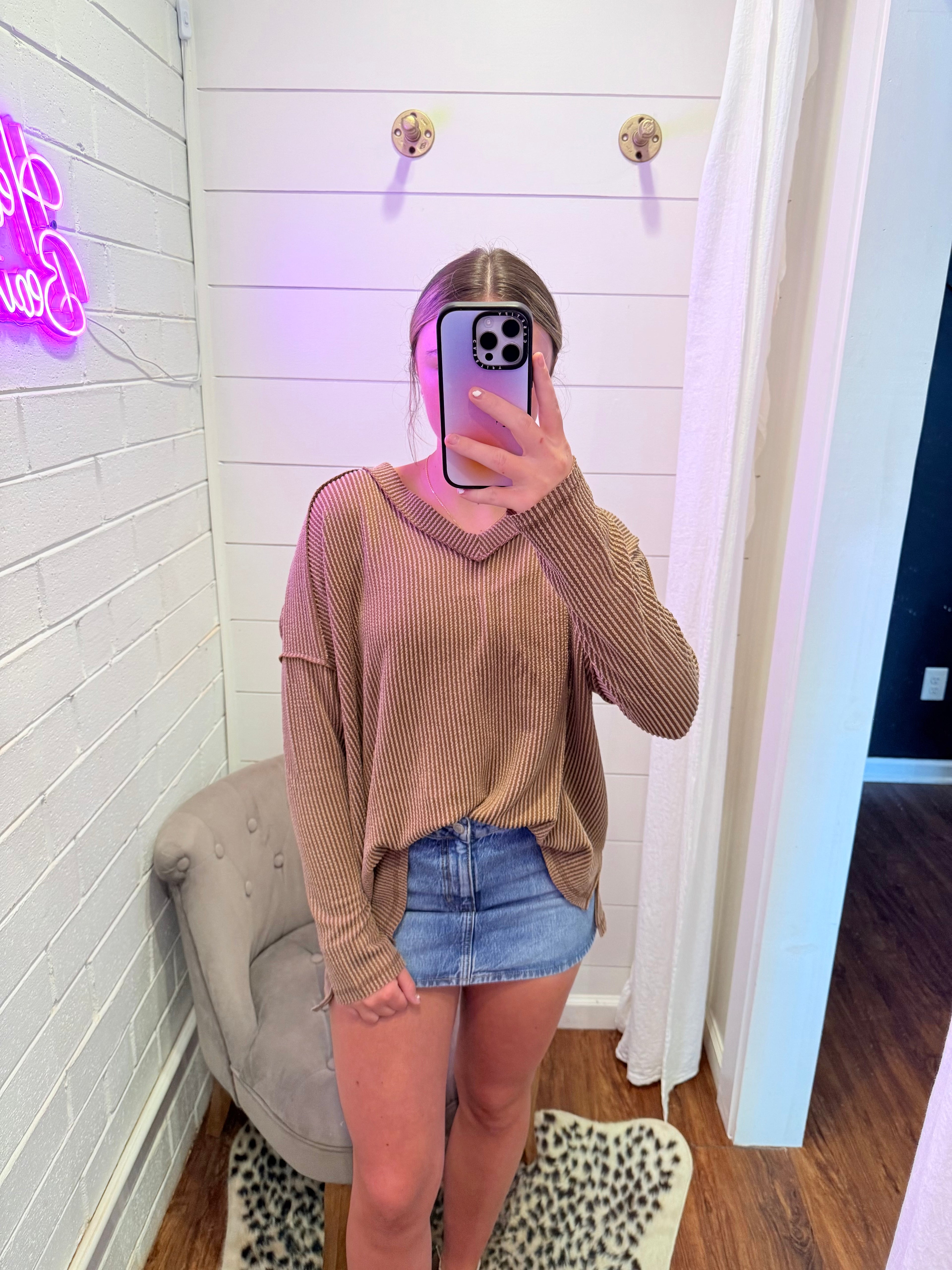 Brown Corded Rib Long Sleeve Top