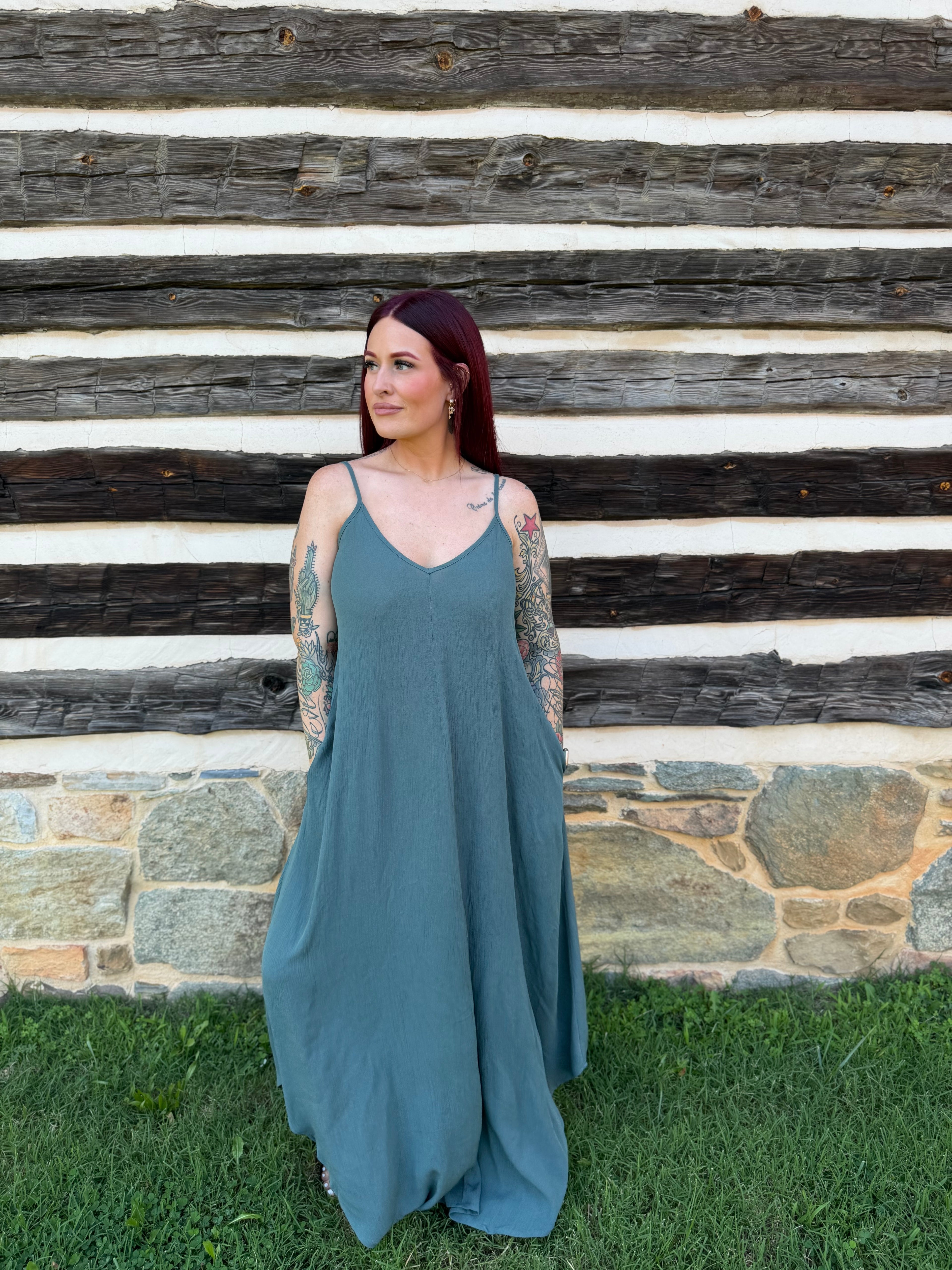 Woven Crinkle Cami Maxi Dress W Side Pockets