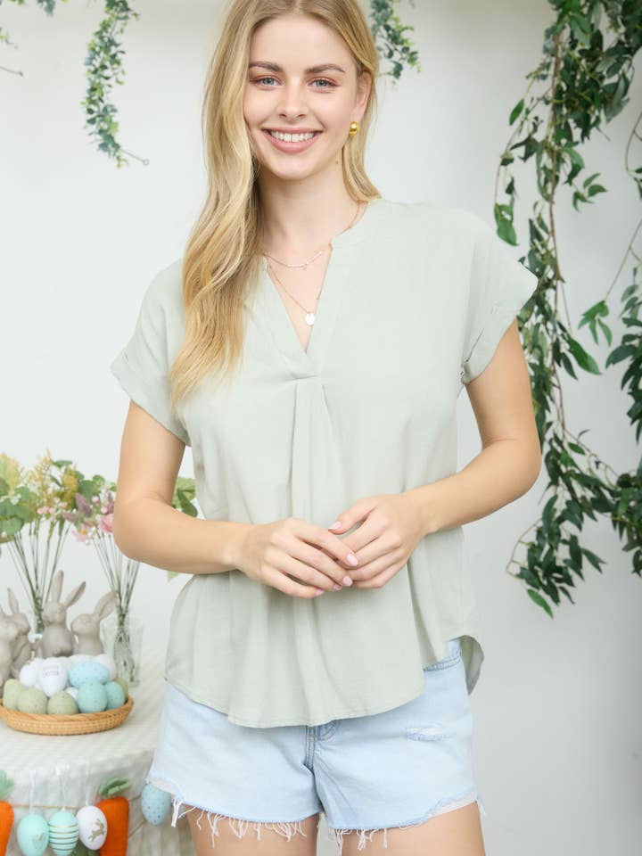 Split Neck Back Button Detail Short Sleeve Top