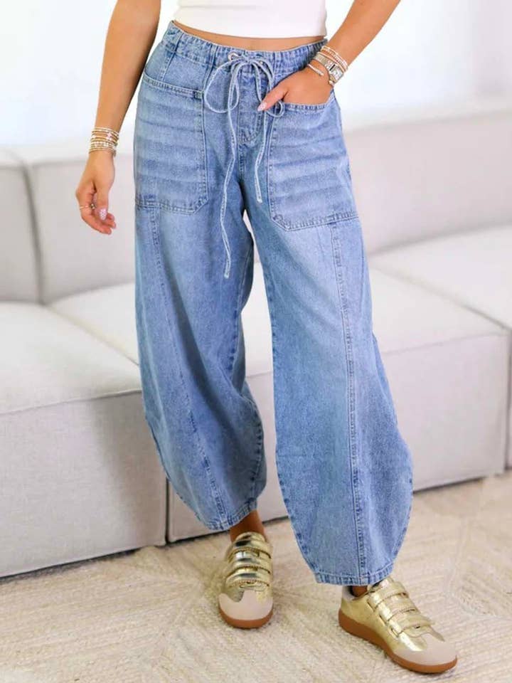 Elastic Waist String Tie Pocket Denim Pants - Light Blue