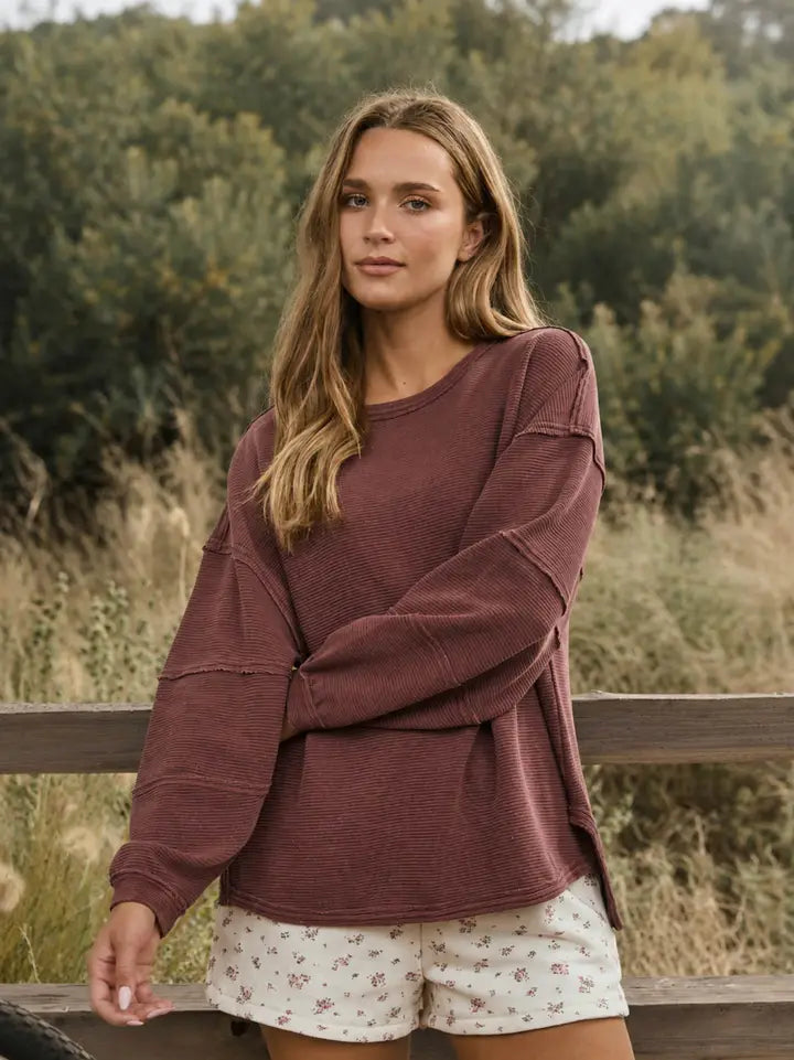 Exposed Seam Detail Long Sleeve Knit Top - Maroon