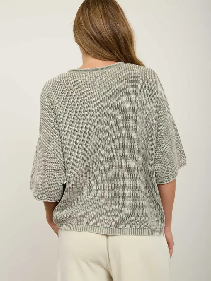 Washed Ribbed Short Sleeve Rolled Edge Cardigan