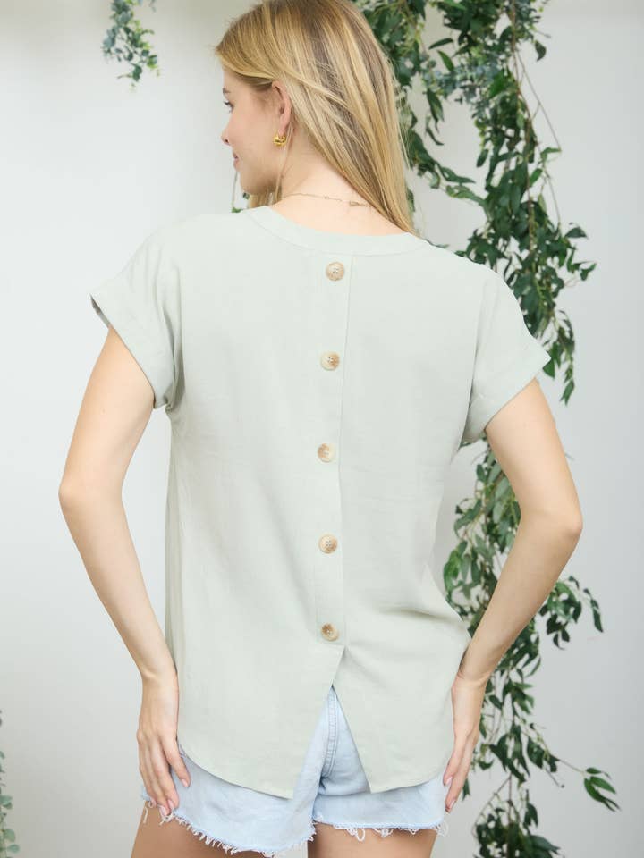 Split Neck Back Button Detail Short Sleeve Top