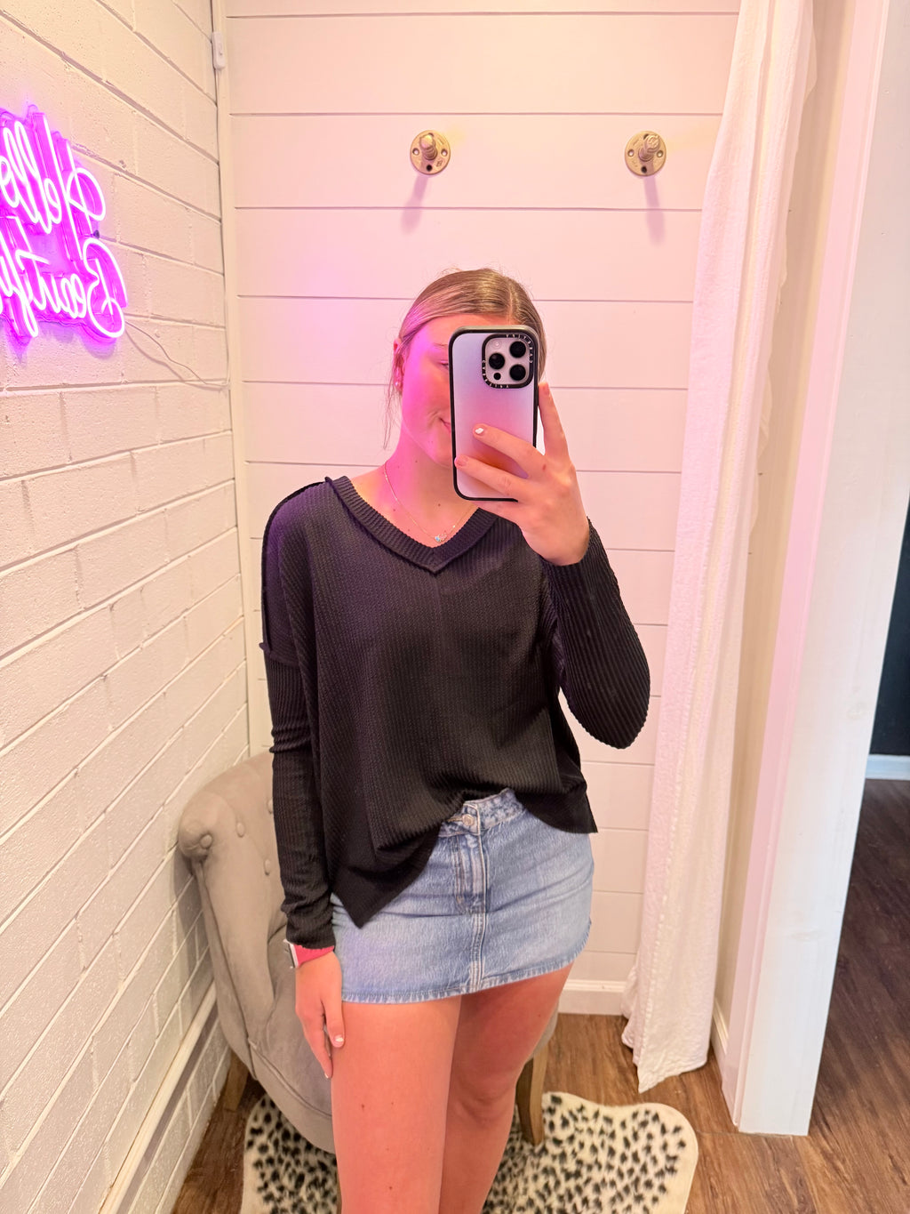 Black Corded Rib Long Sleeve Top