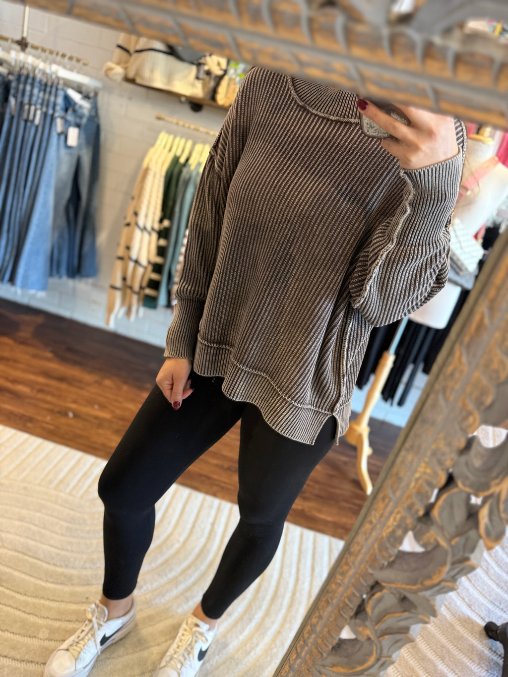 Brown Washed Side Slit Oversized Long Sweater