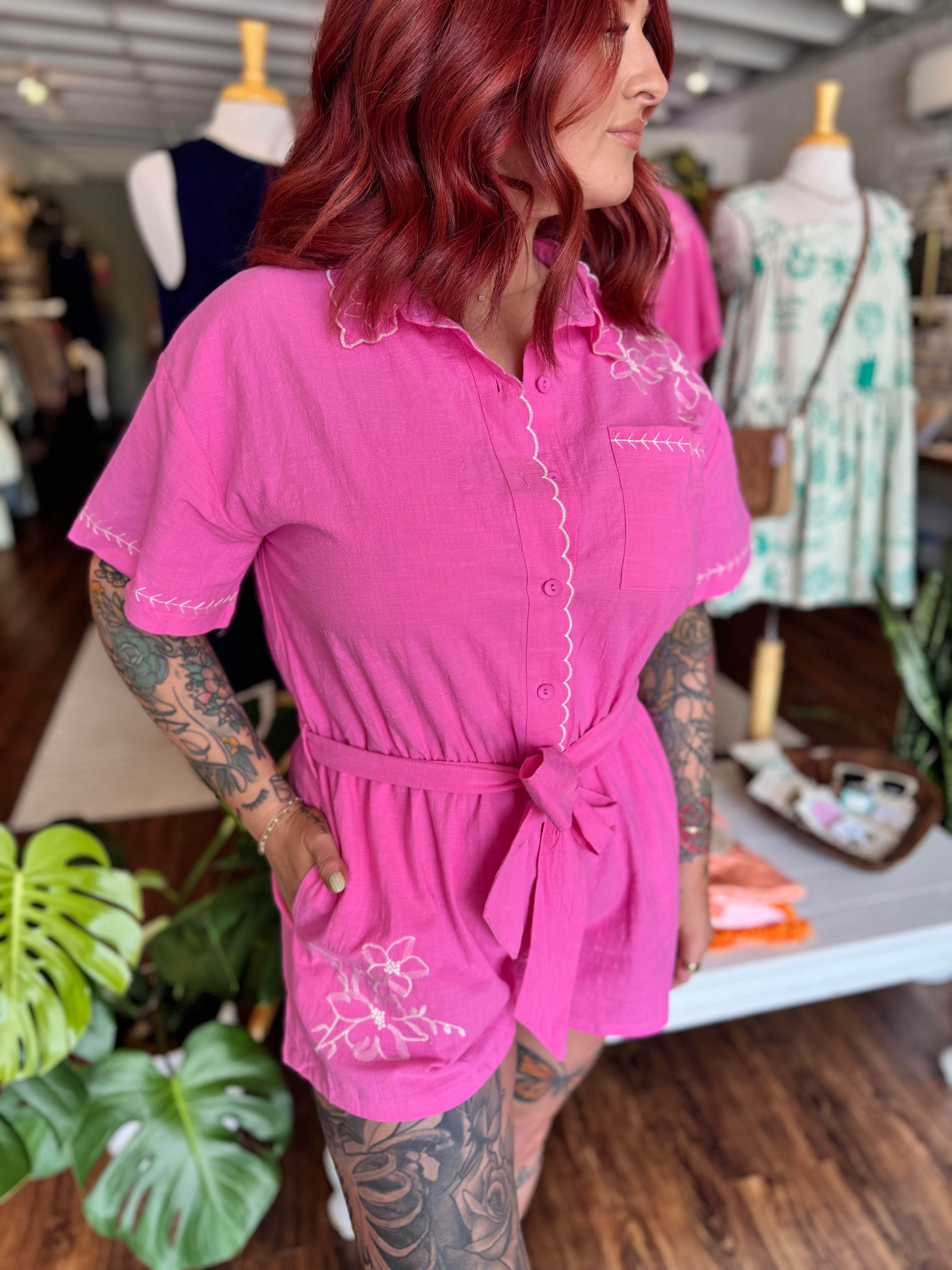 Pink Collared Embroidered Romper