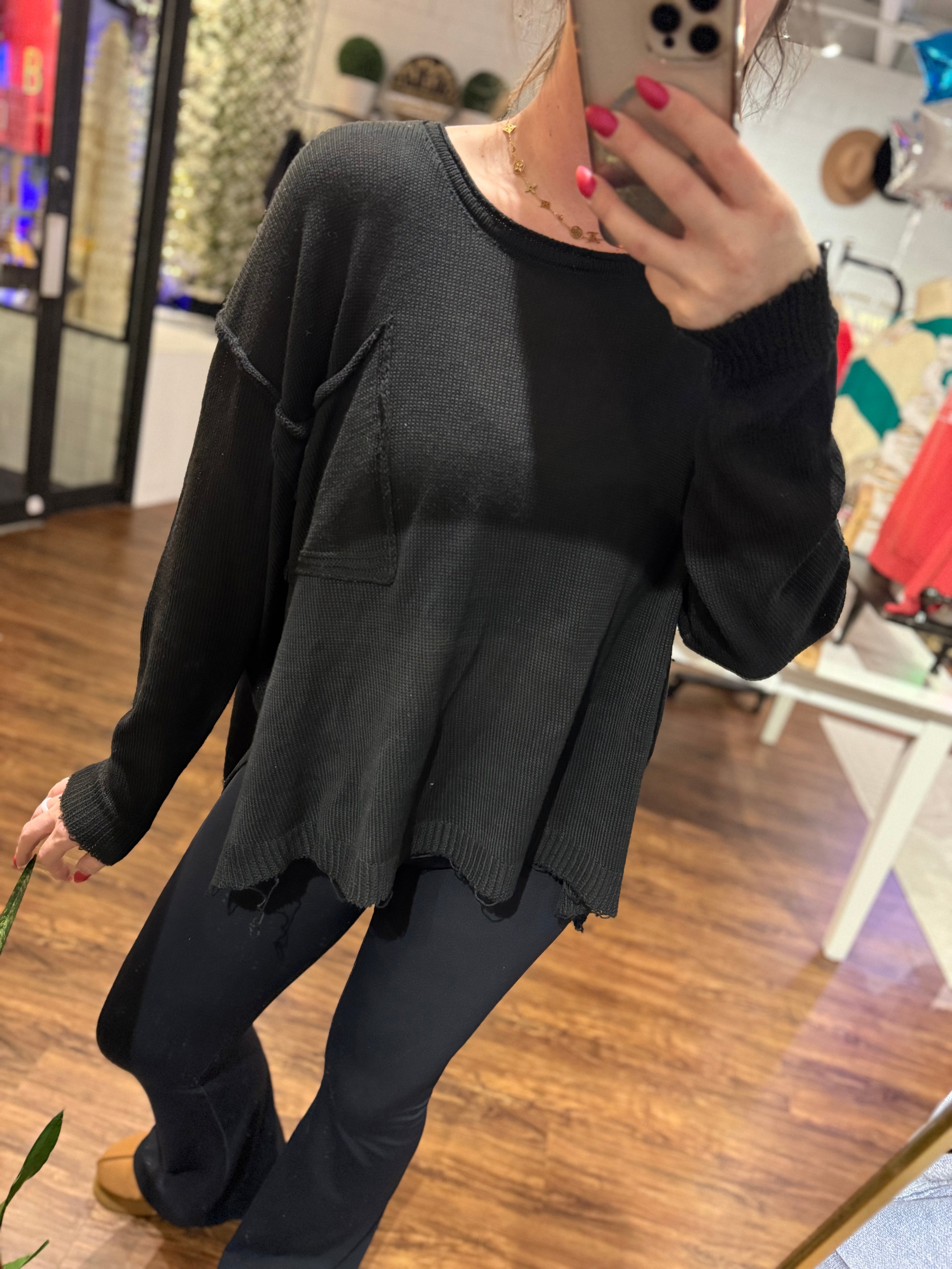 Oversized Raw Hem Front Pocket Top- Black
