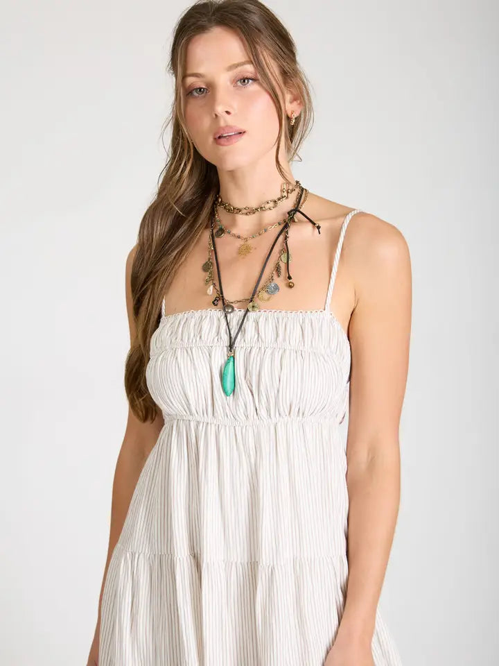 Stripe Shirred Empire Waist Tiered Midi Dress