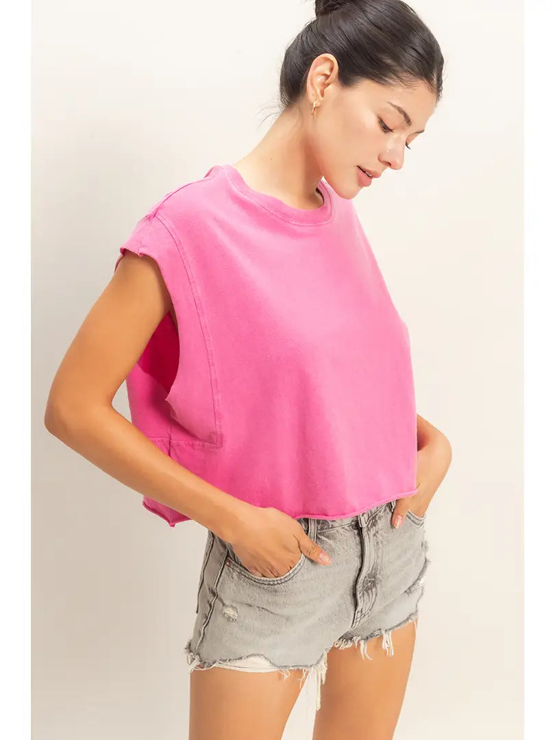 Crewneck Sleeveless Boxy Top - Fuchisa
