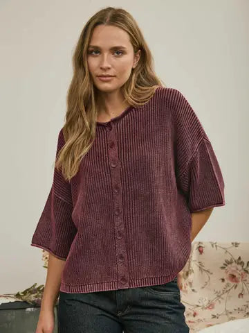 Washed Ribbed Short Sleeve Rolled Edge Cardigan - Burgundy
