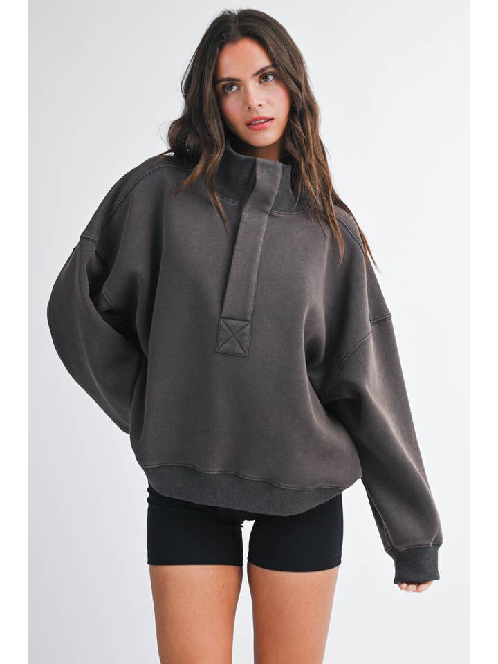 Oversized Snap Neck Pullover Sweatshirt - Charcoal ETA 8/1