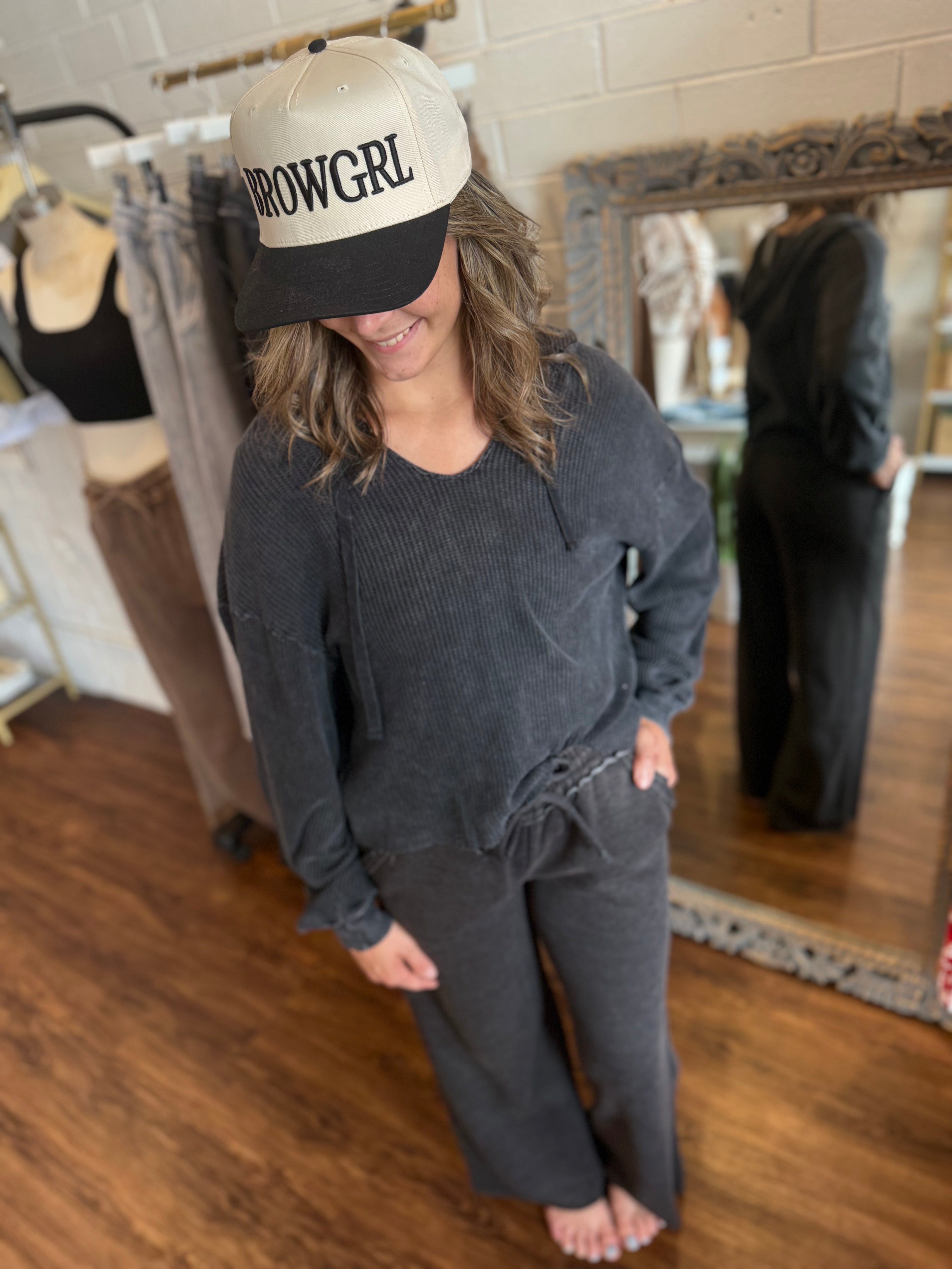 Black Mineral Washed Cropped Waffle Knit Hoodie