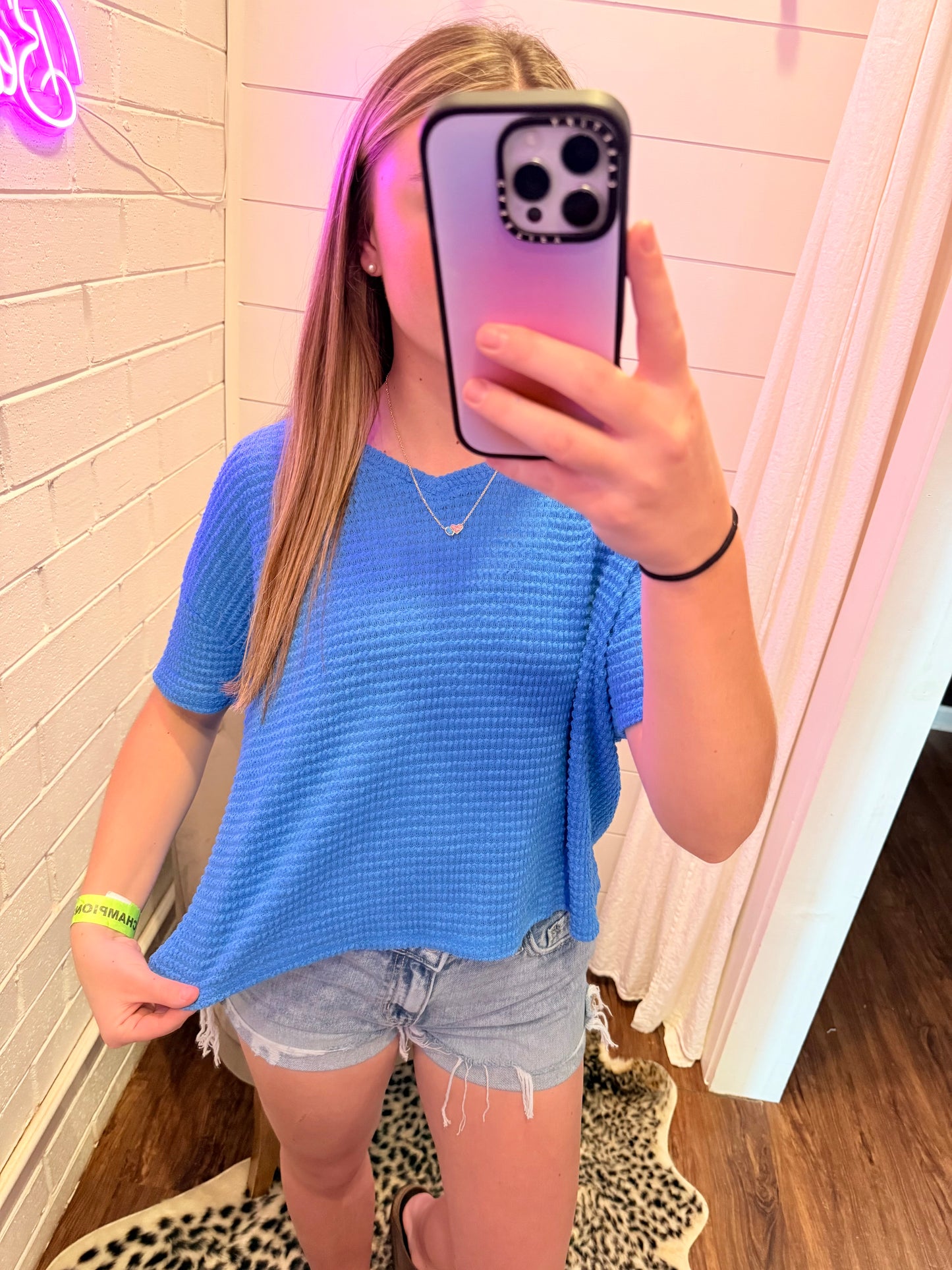 Deep Sky Drop Shoulder Short Sleeve Jacquard Sweater