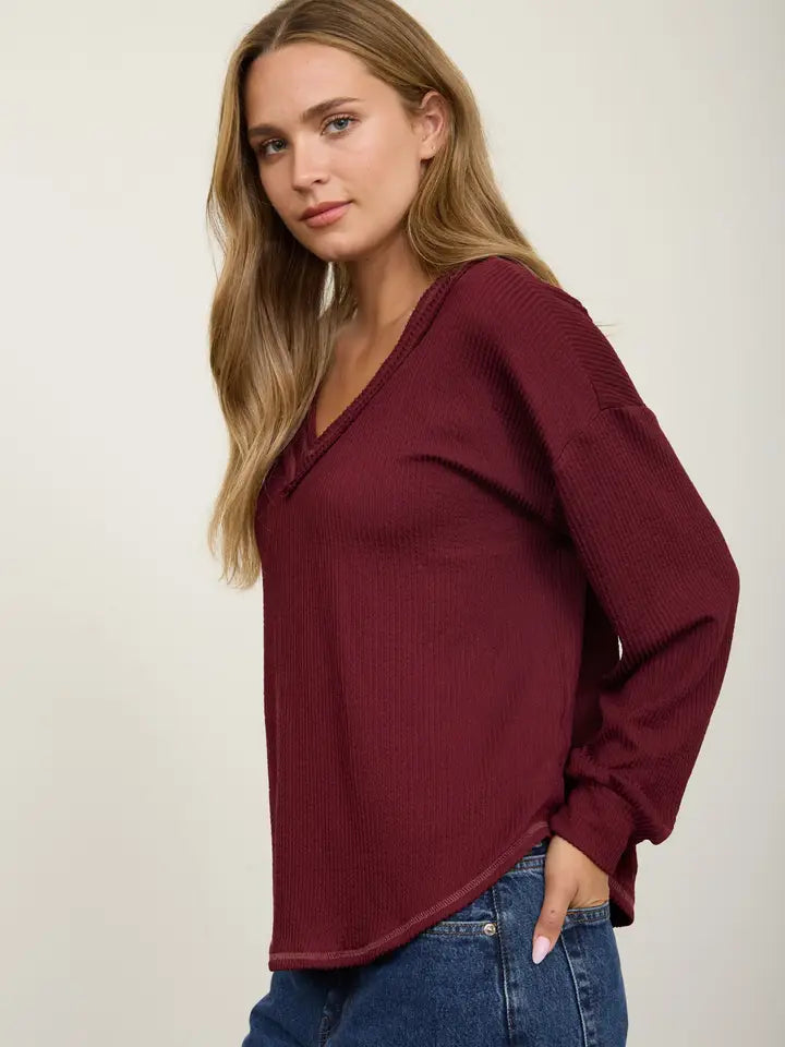 Raw Edge V-Neck Long Sleeve Textured Knit Top - Burgundy