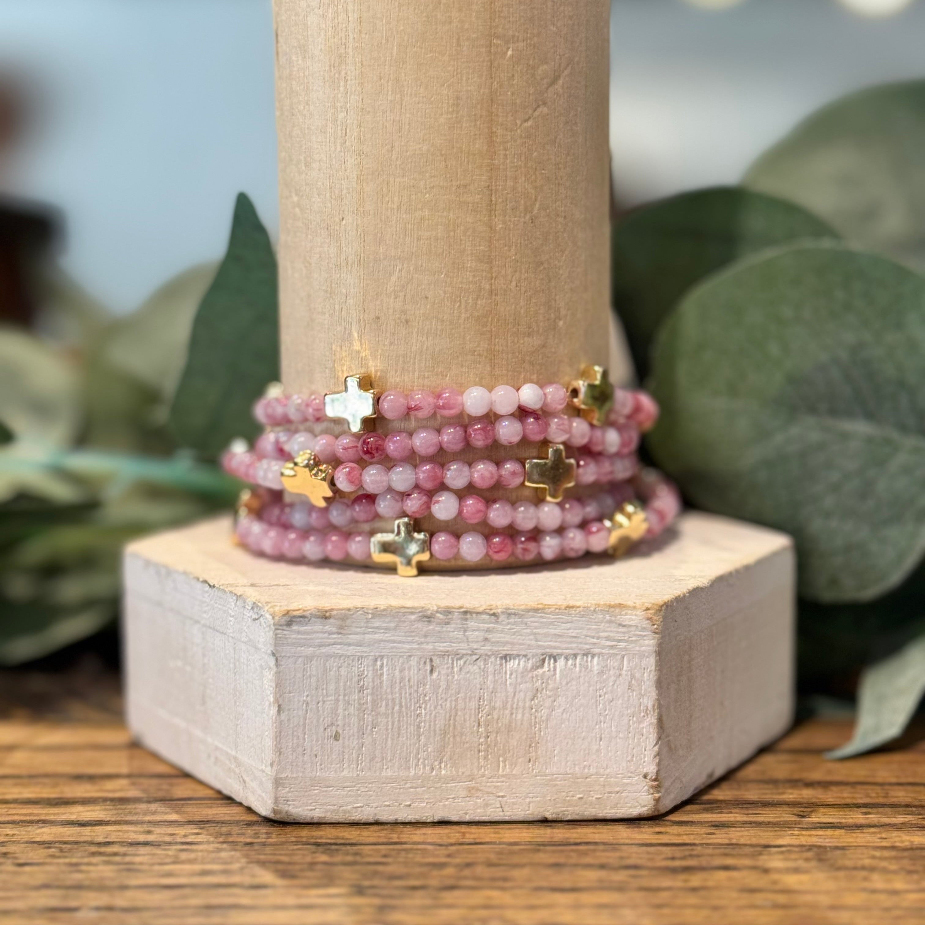 Purple Beaded Bracelet Set with Cross Charms