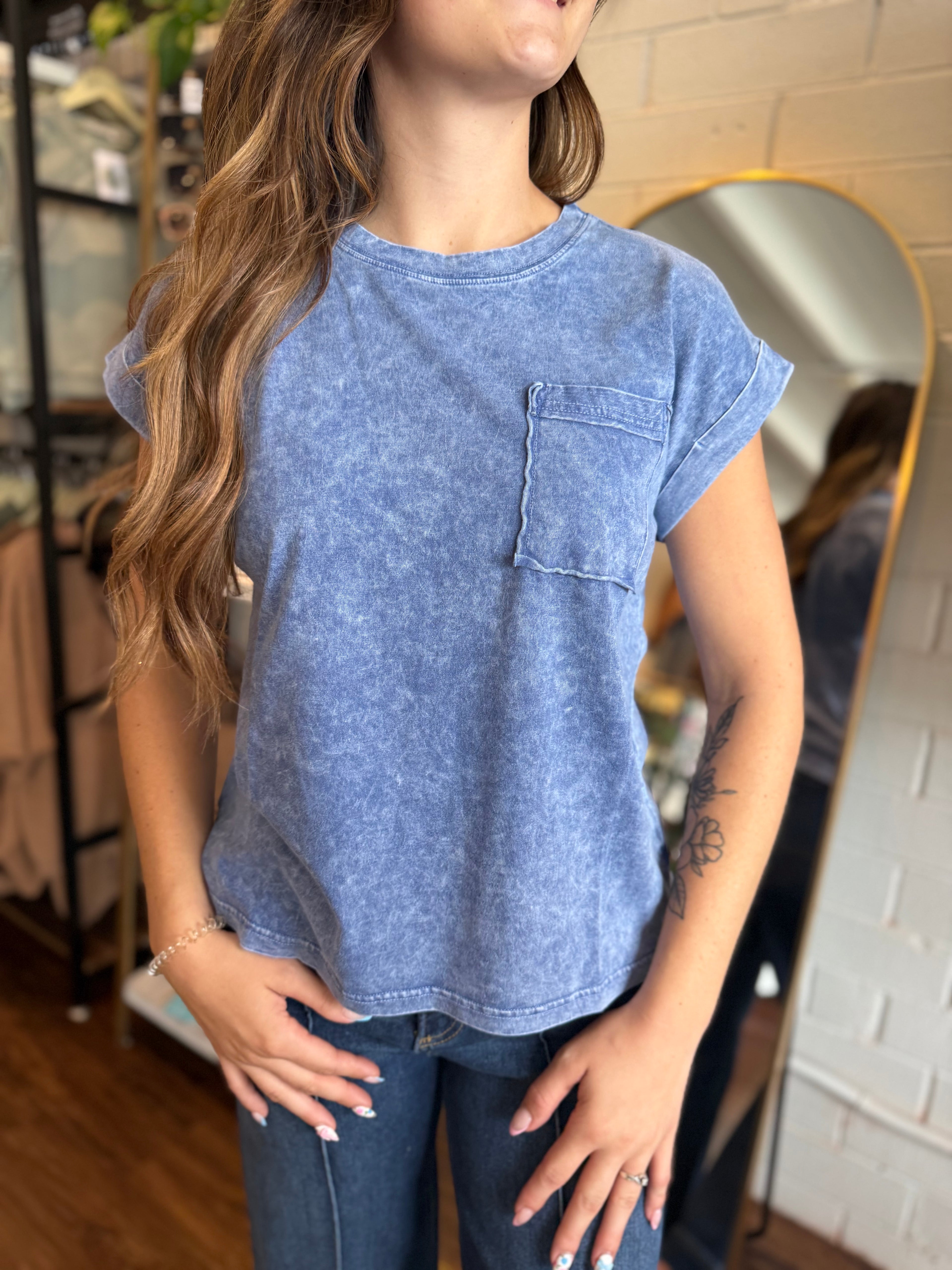 Washed Cuffed Short Sleeve Tee Navy