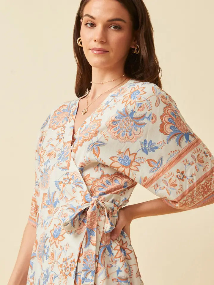 Border Print Side Tie Wrap Dress