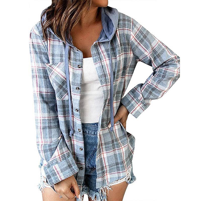 Hooded Plaid Button-Up Jacket - Casual Oversized Shacket