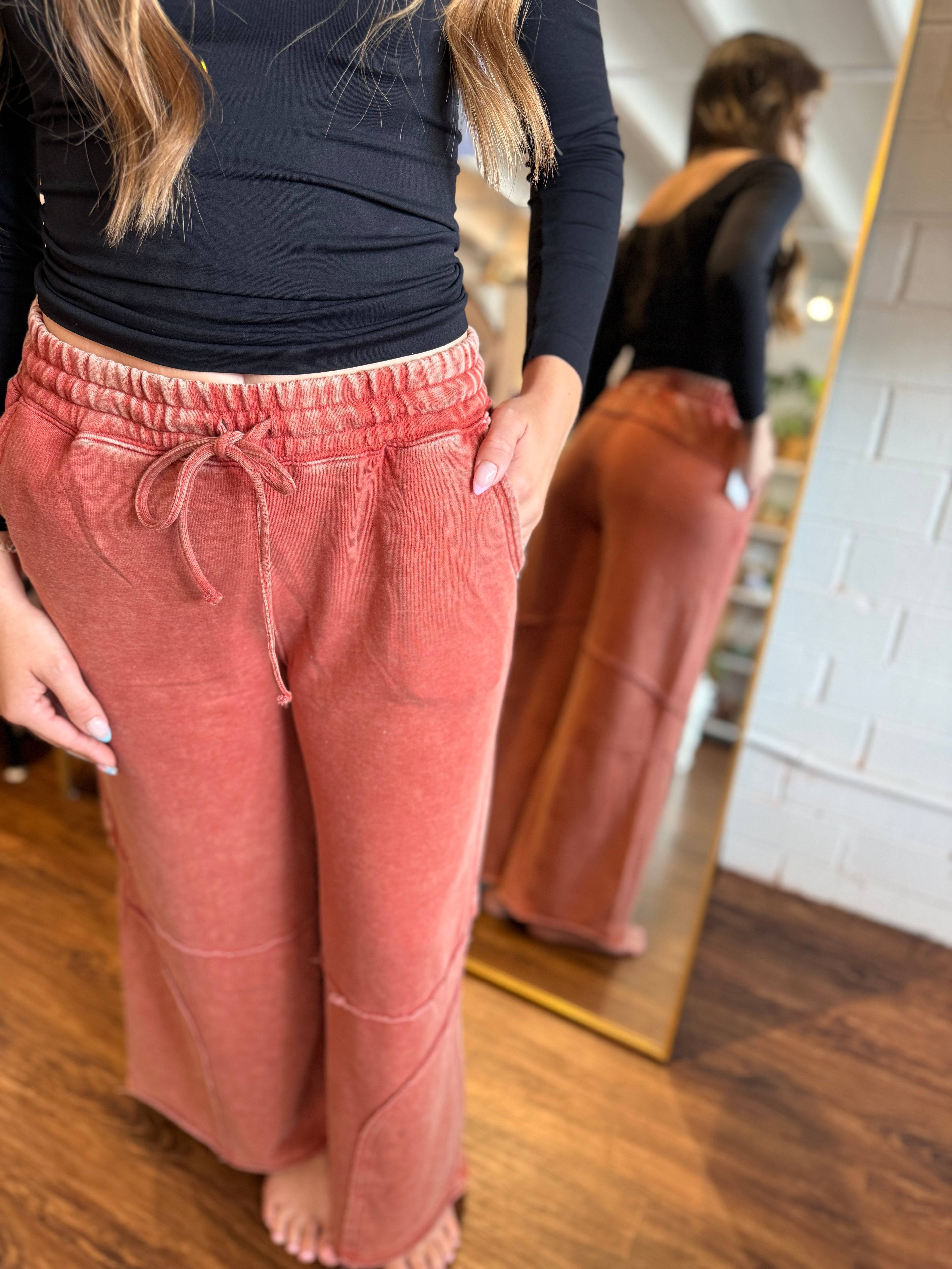 French Terry Washed Flare Pant - Rust