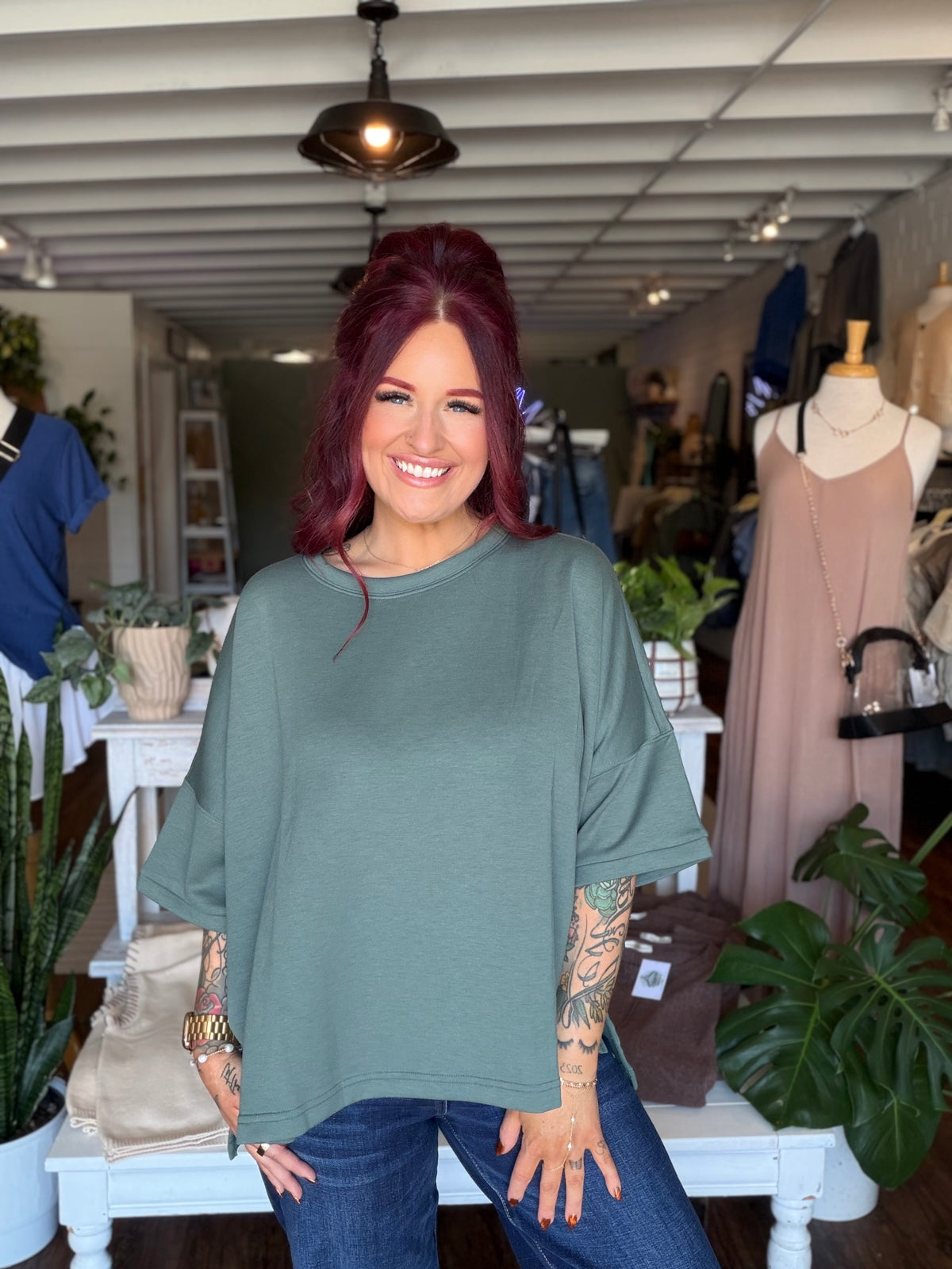 Scuba Round Neck Top - Dk Forest